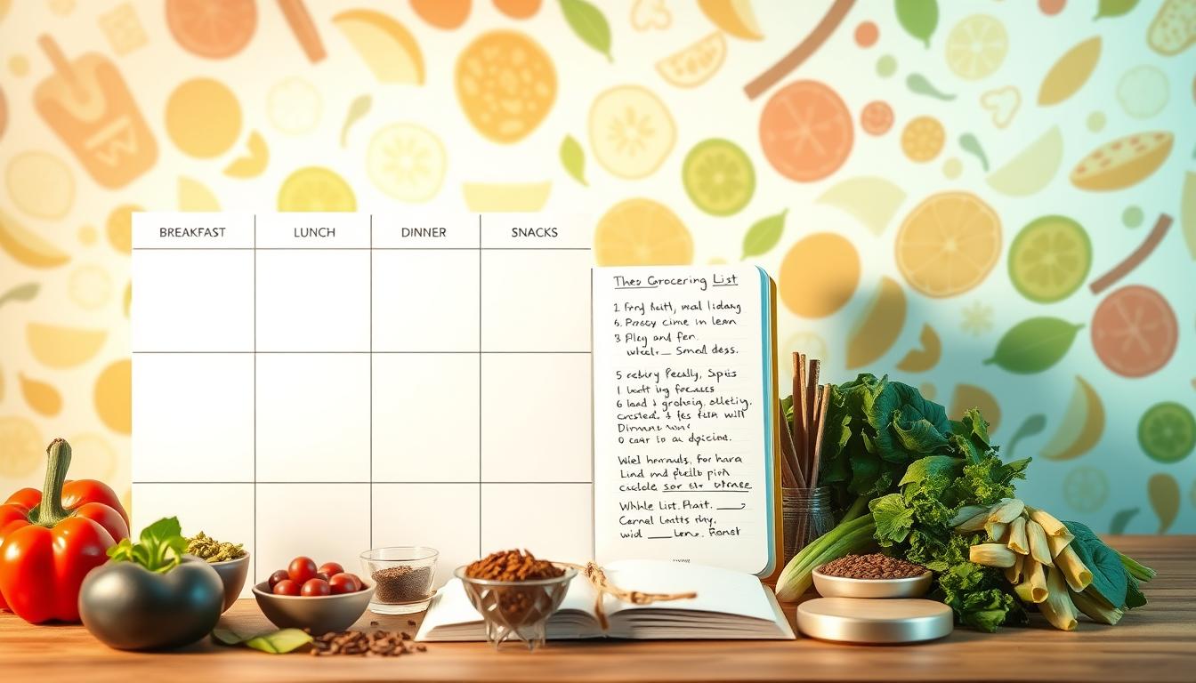 A clean and minimalist weekly meal planning framework against a bright, vibrant backdrop. In the foreground, a simple grid layout with labeled sections for breakfast, lunch, dinner, and snacks. Sleek, modern icons and typography in muted tones provide visual cues. In the middle ground, an open notebook with handwritten meal ideas and grocery lists, surrounded by fresh produce, spices, and other clean eating staples. The background features a soft, blurred pattern of healthy ingredients - leafy greens, whole grains, lean proteins. Warm, natural lighting casts a pleasant glow, creating an organized, wellness-focused atmosphere.