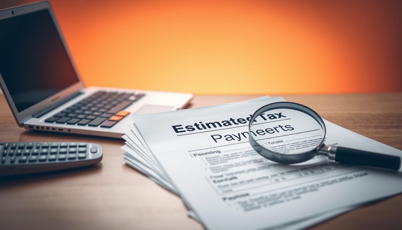 A clean, well-lit office desk with a laptop, calculator, and a stack of documents labeled "Estimated Tax Payments". In the foreground, a pen and a magnifying glass hover over the documents, suggesting a careful examination of the details. The background features a vibrant, warm-toned gradient, creating a sense of focus and professionalism. The lighting is soft and diffused, highlighting the importance of the task at hand. The overall composition conveys a sense of organization, attention to detail, and the need to stay on top of financial responsibilities. A clean, well-lit office desk with a laptop, calculator, and a stack of documents labeled "Estimated Tax Payments". In the foreground, a pen and a magnifying glass hover over the documents, suggesting a careful examination of the details. The background features a vibrant, warm-toned gradient, creating a sense of focus and professionalism. The lighting is soft and diffused, highlighting the importance of the task at hand. The overall composition conveys a sense of organization, attention to detail, and the need to stay on top of financial responsibilities.