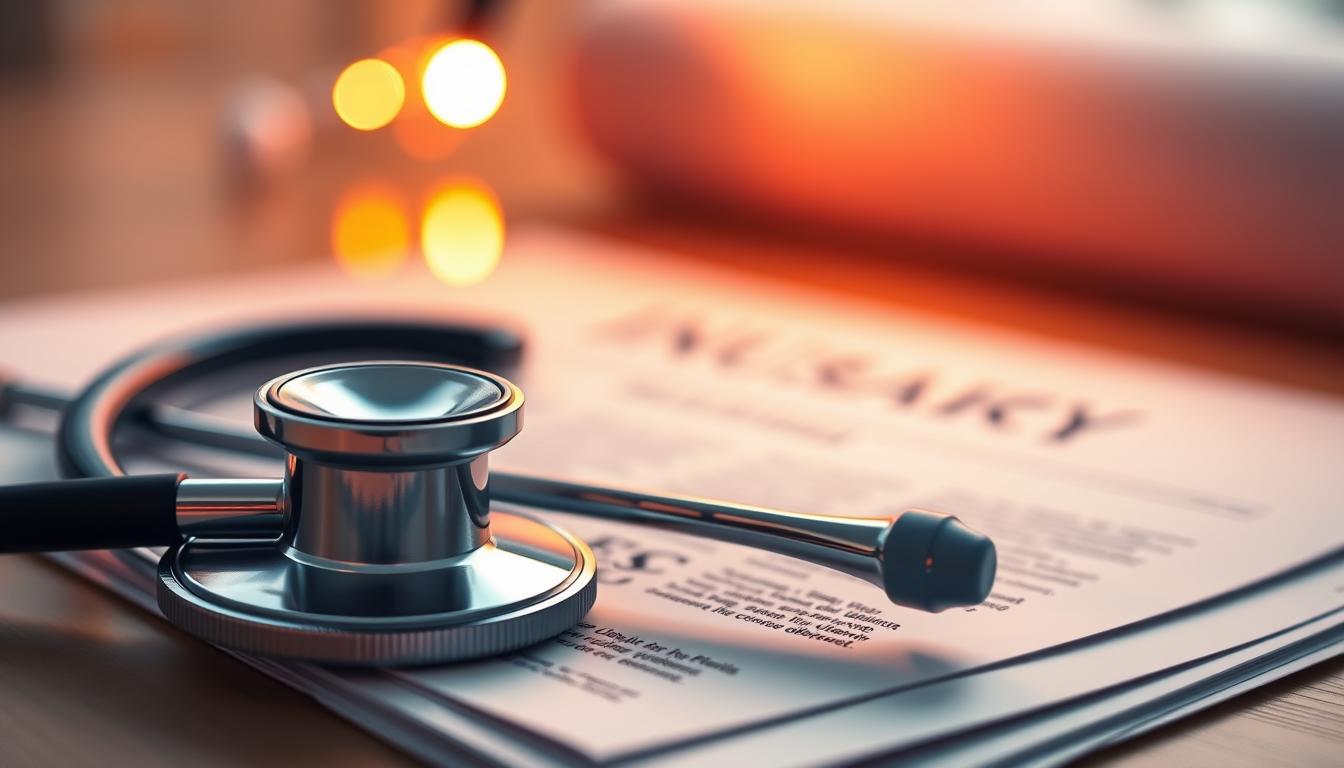 A close-up view of a stethoscope resting atop a stack of medical documents, illuminated by soft, warm lighting that casts a vibrant, inviting glow. In the background, a blurred representation of an insurance policy or contract, symbolizing the importance of health coverage. The overall scene conveys the intersection of healthcare and financial security, reflecting the significance of health insurance for self-employed individuals.