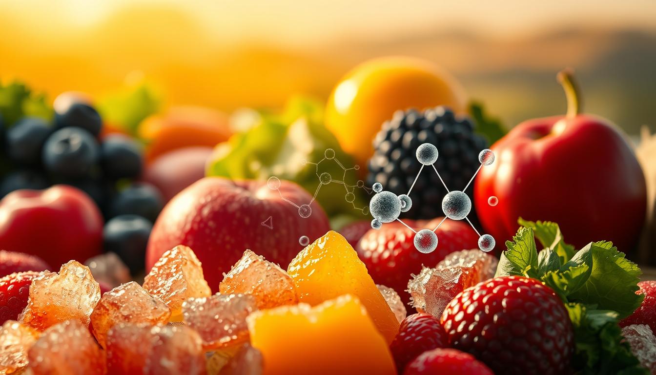 A closeup shot of fresh and frozen produce, illuminated by warm, diffused lighting that casts soft shadows. The foreground showcases a variety of frozen fruits and vegetables, their vibrant colors and textures preserved, arranged in a visually appealing composition. The middle ground reveals the molecular structure of the produce, highlighting the nutrient retention process within the frozen state. The background features a blurred, ethereal landscape, symbolizing the scientific principles at work. The overall mood is one of scientific intrigue and the wonders of food preservation, inviting the viewer to explore the nutritional benefits of frozen produce.