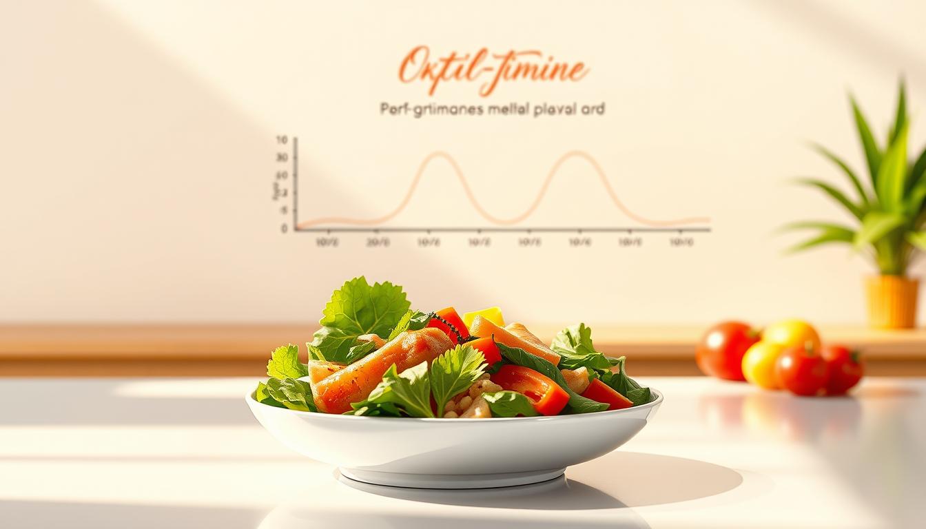 A colorful and vibrant illustration depicting the optimization of CCK hormone meal timing. In the foreground, a plate of nutritious food is placed on a sleek, modern table. The meal is composed of various whole, unprocessed ingredients such as lean protein, leafy greens, and complex carbohydrates. The lighting is warm and natural, casting a soft glow on the scene. In the middle ground, a timeline chart shows the optimal timing for CCK hormone release in relation to meal consumption, with peaks and valleys indicating the body's response. The background features a clean, minimalist design with subtle geometric patterns, conveying a sense of scientific precision and attention to detail. The overall atmosphere is one of health, wellness, and the optimization of physiological processes for better nutrition and wellbeing.