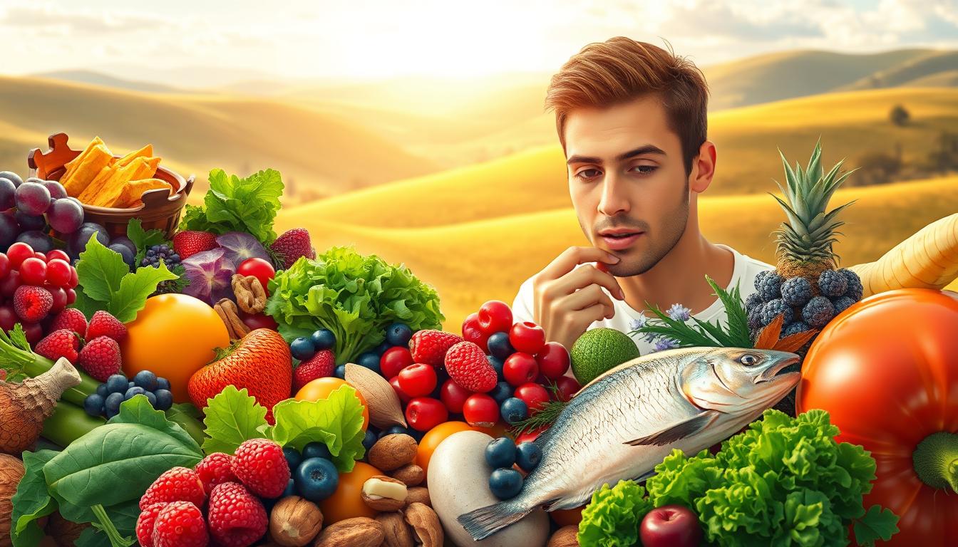 A colorful and vibrant illustration of "CCK regulation dietary strategies". In the foreground, a variety of nutrient-dense whole foods like leafy greens, berries, nuts, and fish are prominently displayed. In the middle ground, a person is shown consuming these foods, with a focused and contemplative expression. The background depicts a serene, natural environment with rolling hills, a bright sky, and warm, golden lighting, emphasizing the connection between diet, nutrition, and overall well-being. The scene is captured with a crisp, high-resolution lens, conveying a sense of clarity and attention to detail.