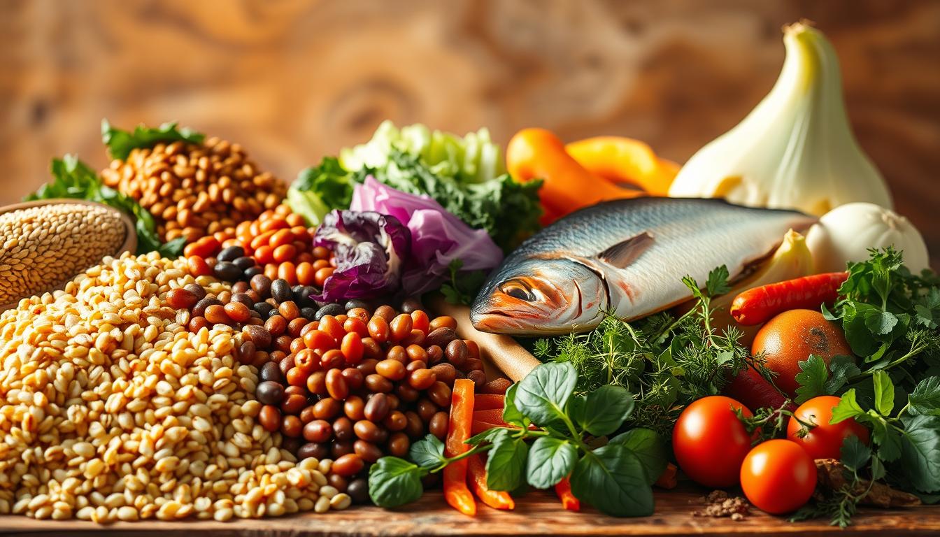 A colorful and vibrant still life composition featuring an assortment of CCK-stimulating foods. In the foreground, an arrangement of whole grains, legumes, and oily fish, bathed in warm, natural lighting. In the middle ground, a variety of leafy greens, cruciferous vegetables, and aromatic herbs, arranged with artistic flair. In the background, a slightly blurred backdrop of earthy tones, conveying a sense of rustic charm. The overall mood is one of health, vitality, and appetite-boosting deliciousness.