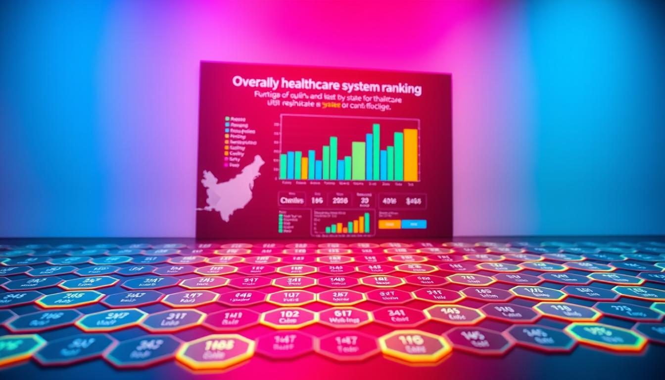 A colorful data visualization showcasing state-by-state rankings of overall healthcare system quality. Prominent in the foreground, a grid of glowing hexagonal tiles, each representing a U.S. state with its ranking displayed in a modern, minimalist style. The middle ground features a sleek, high-contrast data chart, conveying key metrics like access, quality, and cost efficiency through bold, vibrant infographics. In the background, a soft, atmospheric gradient evokes a sense of depth and professionalism. Dramatic lighting and a dynamic camera angle lend a sense of energy and impact to the scene, highlighting the vibrant, data-driven nature of the healthcare rankings.
