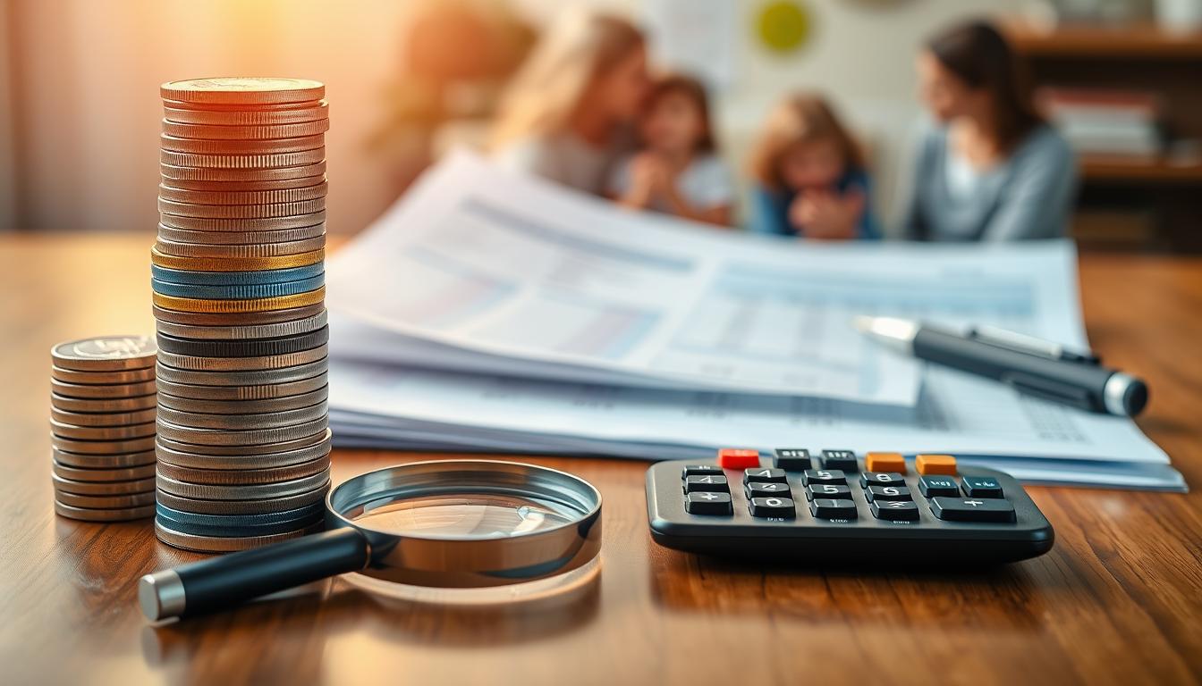 A colorful stack of stacked coins, bills, and financial documents rests atop a wooden table, illuminated by warm, soft lighting. In the foreground, a magnifying glass examines the details of a budget spreadsheet, while in the middle ground, a calculator and pen stand ready to crunch the numbers. The background features a blurred image of a family, symbolizing the importance of financial planning for households. The overall scene conveys a sense of financial responsibility, attention to detail, and a vibrant, optimistic approach to budgeting.