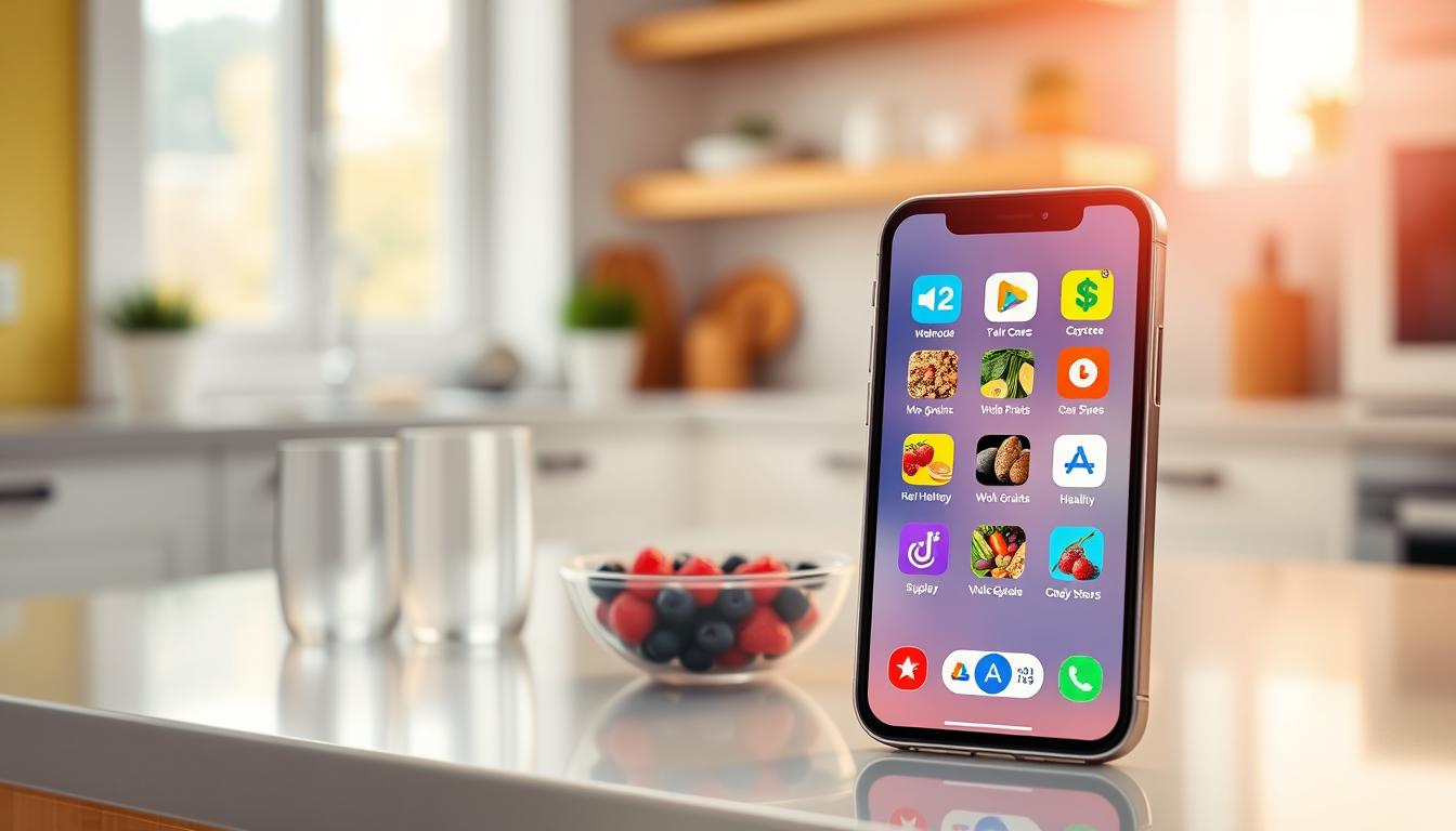 A colorful, well-lit scene of a smartphone screen displaying various cashback and loyalty apps for healthy grocery purchases. The foreground features the phone screen with an array of app icons and images of fresh produce, whole grains, and other nutritious foods. The middle ground showcases a clean, minimalist kitchen counter with a glass of water and a small bowl of fresh berries. The background features warm, natural lighting filtering through a window, casting a soft glow over the scene. The overall atmosphere is vibrant, modern, and inviting, highlighting the ease and rewards of using cashback apps to support a healthy lifestyle.
