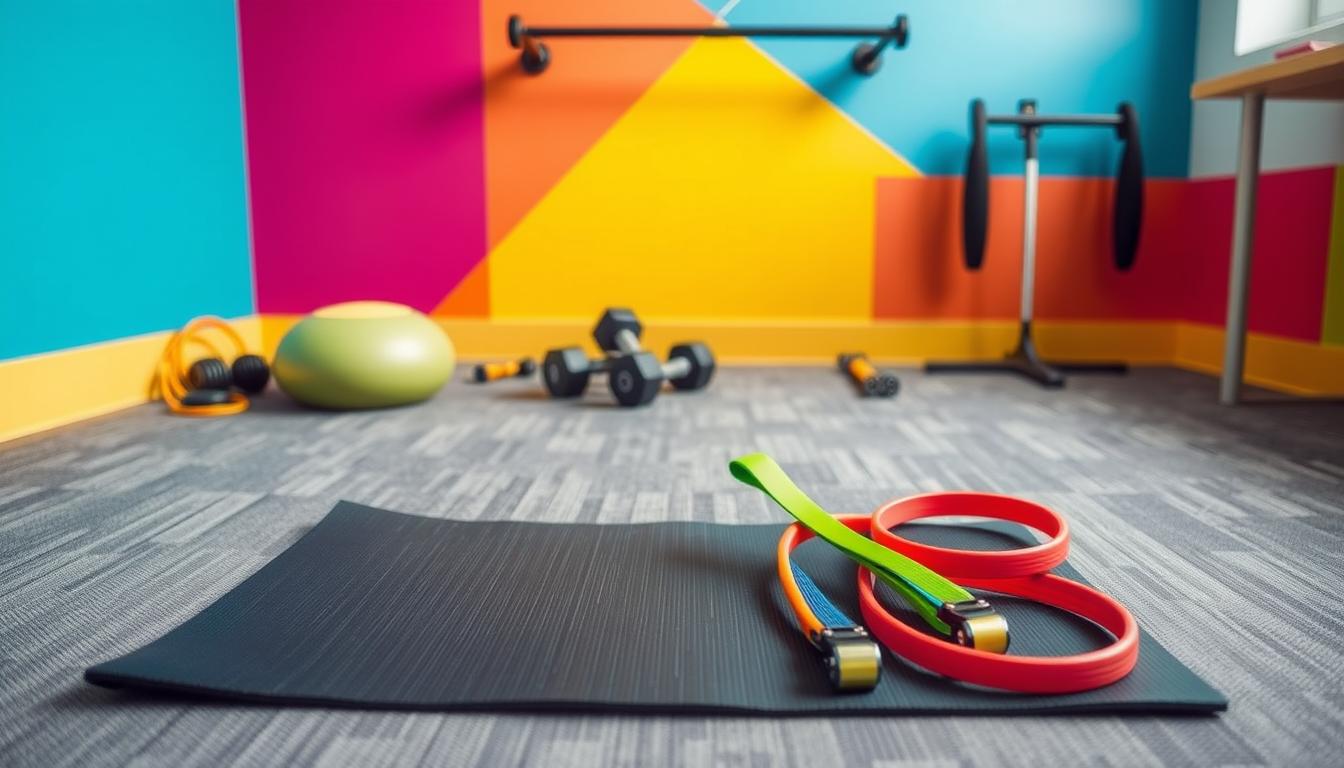 A compact home gym with an array of essential, budget-friendly equipment. In the foreground, a sturdy exercise mat and a set of colorful resistance bands lie ready for a full-body workout. In the middle ground, a pair of adjustable dumbbells and a simple pull-up bar stand tall, conveying strength and versatility. The background features a vibrant, minimalist wall design, creating an energetic and motivating atmosphere for the home fitness space.