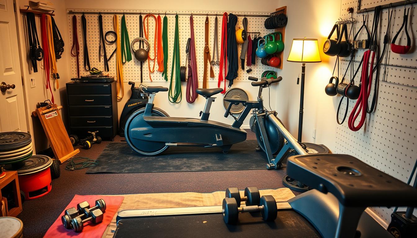 A cozy corner of a budget home gym, filled with secondhand exercise equipment. In the foreground, a well-worn treadmill and a set of mismatched dumbbells sit atop a faded yoga mat. In the middle ground, a sturdy weight bench and a dusty stationary bike add to the eclectic mix. The background features a wall adorned with a pegboard, housing an assortment of resistance bands, kettle bells, and other repurposed fitness tools. Soft, warm lighting from a vintage lamp casts a vibrant, lived-in atmosphere, conveying the charm of this budget-friendly, secondhand home gym setup.