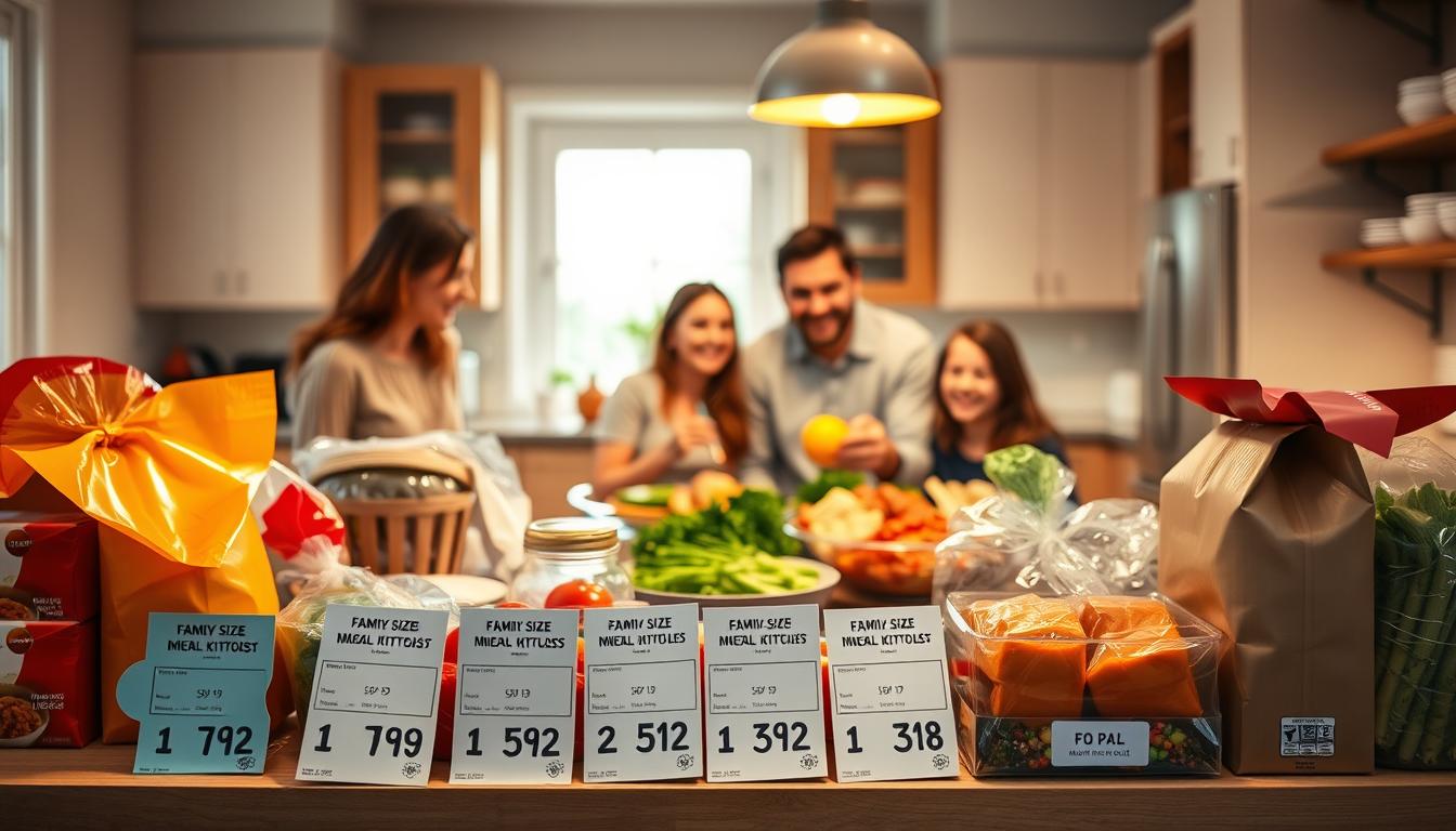 A cozy family kitchen, bright with warm lighting, showcases an array of family-sized meal kits and grocery items. In the foreground, a set of neatly arranged price tags invites comparison, while in the middle ground, a family of four gathers around a bountiful table, their expressions reflecting the vibrant, healthy meal before them. The background features a stylish, modern kitchen, hinting at the comforts of home. The overall scene conveys a sense of togetherness, efficiency, and the pursuit of a balanced, cost-effective lifestyle. A cozy family kitchen, bright with warm lighting, showcases an array of family-sized meal kits and grocery items. In the foreground, a set of neatly arranged price tags invites comparison, while in the middle ground, a family of four gathers around a bountiful table, their expressions reflecting the vibrant, healthy meal before them. The background features a stylish, modern kitchen, hinting at the comforts of home. The overall scene conveys a sense of togetherness, efficiency, and the pursuit of a balanced, cost-effective lifestyle.