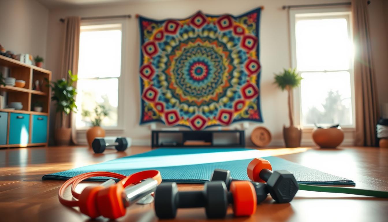 A cozy home gym setup with an exercise mat, resistance bands, and dumbbells neatly arranged in the foreground. In the middle ground, a vibrant wall hanging or tapestry adds a touch of color and personality. The background features natural light streaming in through large windows, creating a warm and inviting atmosphere. The overall scene conveys a sense of family togetherness and a commitment to fitness, perfect for a home-based workout routine.