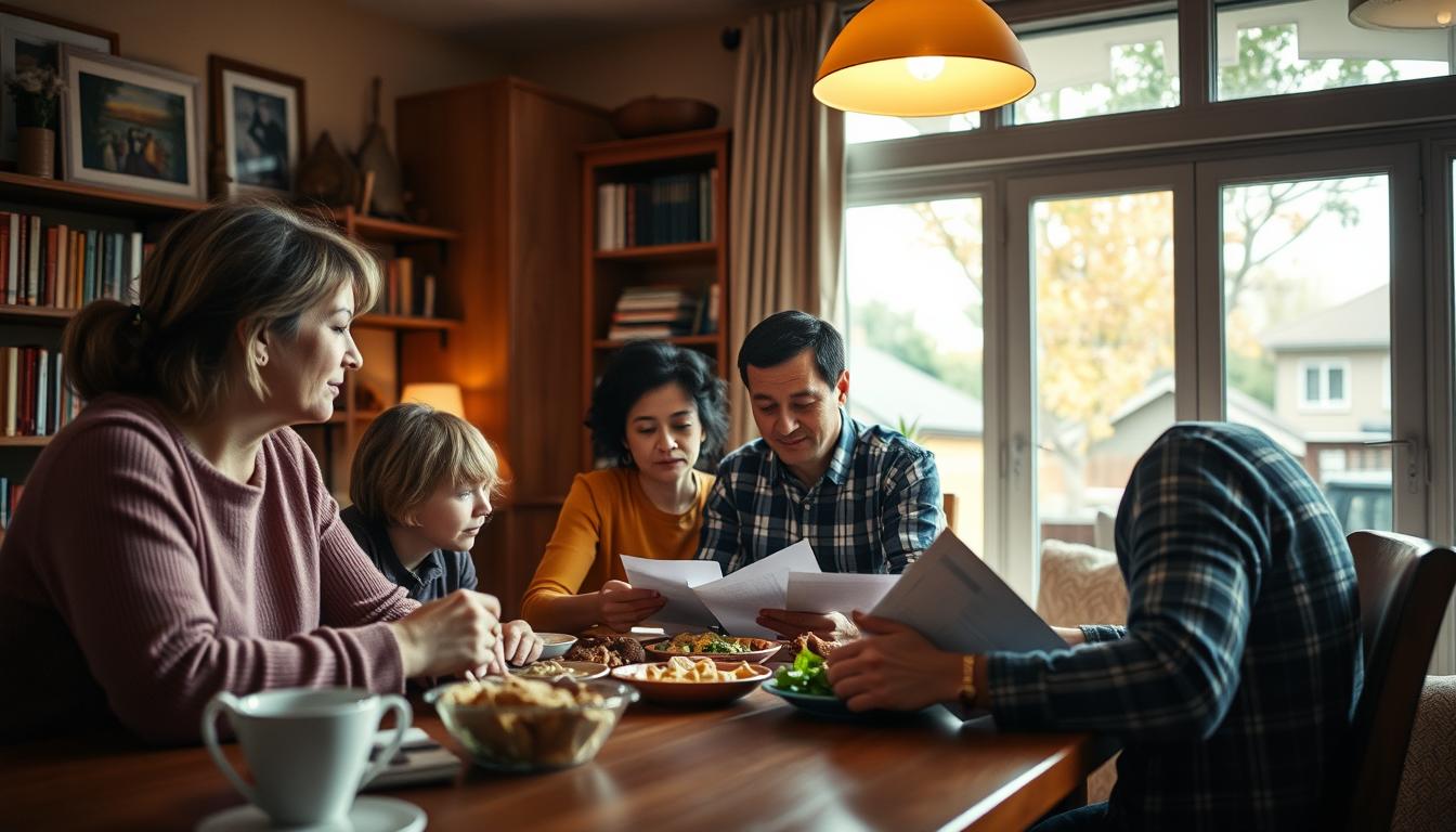 A cozy home interior with a warm, inviting atmosphere. In the foreground, a family gathers around a wooden table, sharing a meal and discussing their household finances. Soft, vibrant lighting casts a gentle glow, highlighting the faces and hands of the family members as they review documents and budgets. In the middle ground, bookshelves and framed artwork add depth and character to the scene. The background features a large window, allowing natural light to stream in and providing a glimpse of a thriving, vibrant neighborhood outside. The overall mood is one of comfort, security, and a sense of community, reflecting the importance of income and financial stability in supporting a healthy, low-income household.