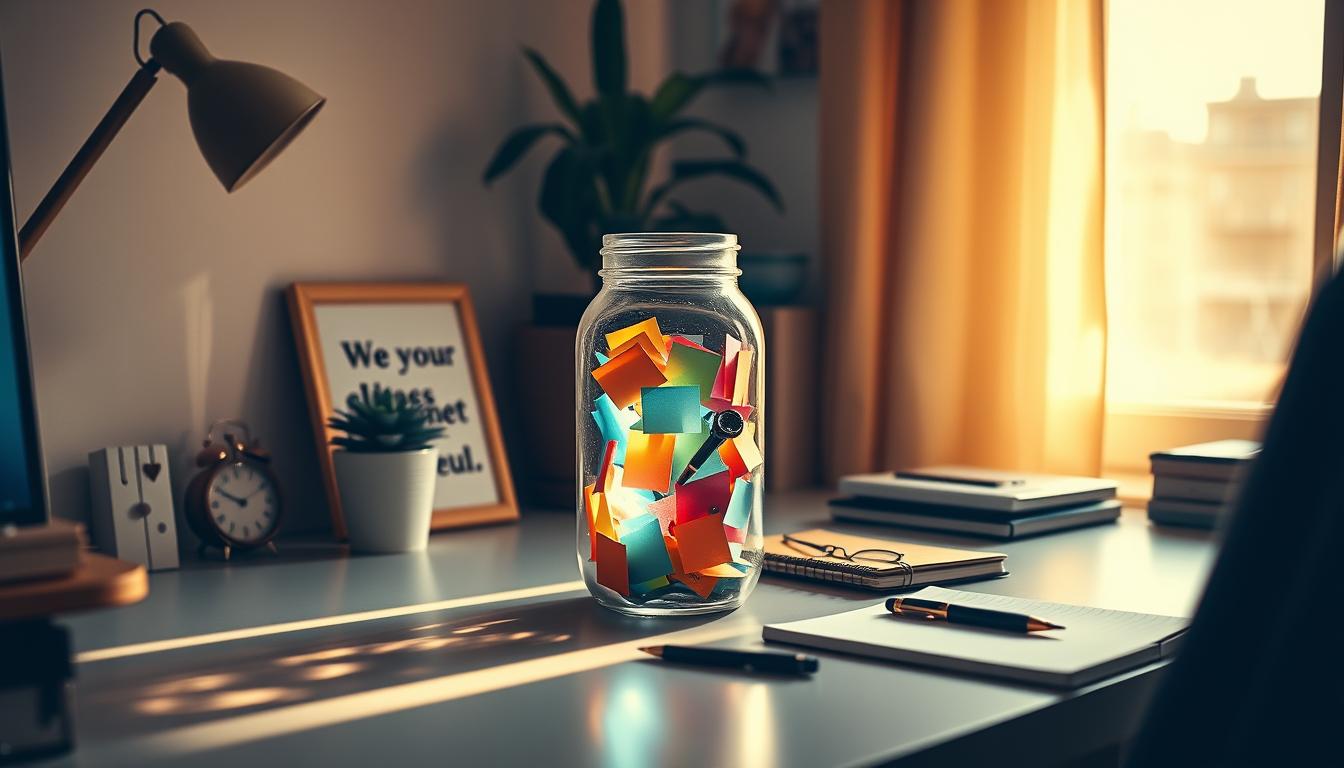 A cozy home office with a well-lit, minimalist desk setup. On the desk, a glass jar filled with colorful notes and mementos, casting a soft, vibrant glow. Surrounding the jar, an array of motivational items: a plant, a framed inspirational quote, and a notebook with a pen. The room is bathed in warm, natural lighting, creating a serene and productive atmosphere. The overall scene conveys a sense of personal accomplishment and self-driven motivation, without the need for an external coach or vision.