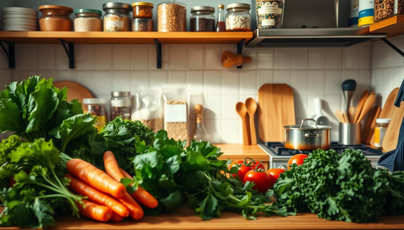 A cozy kitchen countertop showcases an array of affordable, nutrient-dense ingredients. In the foreground, fresh produce such as leafy greens, carrots, and tomatoes are arranged artfully. In the middle ground, a cutting board displays chopped vegetables, while a saucepan simmers on the stove, emitting a savory aroma. The background features open shelves stocked with whole grains, legumes, and spices, creating a vibrant and organized pantry. Warm, natural lighting bathes the scene, evoking a sense of comfort and practicality. The overall mood is one of accessible, wholesome nutrition within a modest, well-stocked kitchen.