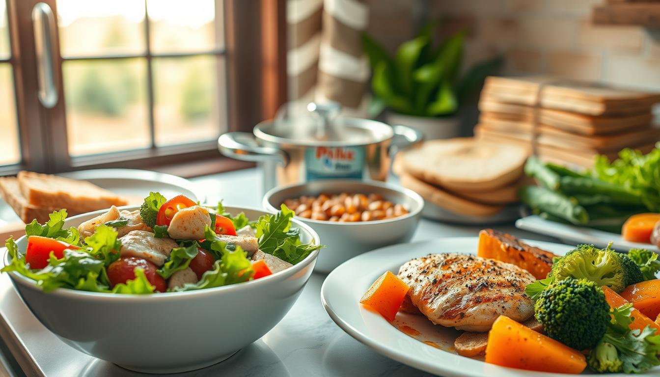 A cozy kitchen filled with a variety of low-cost, healthy meals on the countertop. In the foreground, a bowl of fresh salad with vibrant greens, tomatoes, and a light vinaigrette dressing. Next to it, a plate of grilled chicken breast and roasted vegetables, such as broccoli and sweet potatoes, drizzled with a vibrant, flavorful sauce. In the middle ground, a pot of hearty lentil soup, steam rising from the surface, and a stack of whole-grain bread slices. The background features a window overlooking a bright, natural landscape, bathed in warm, soft lighting that creates a welcoming, homely atmosphere.