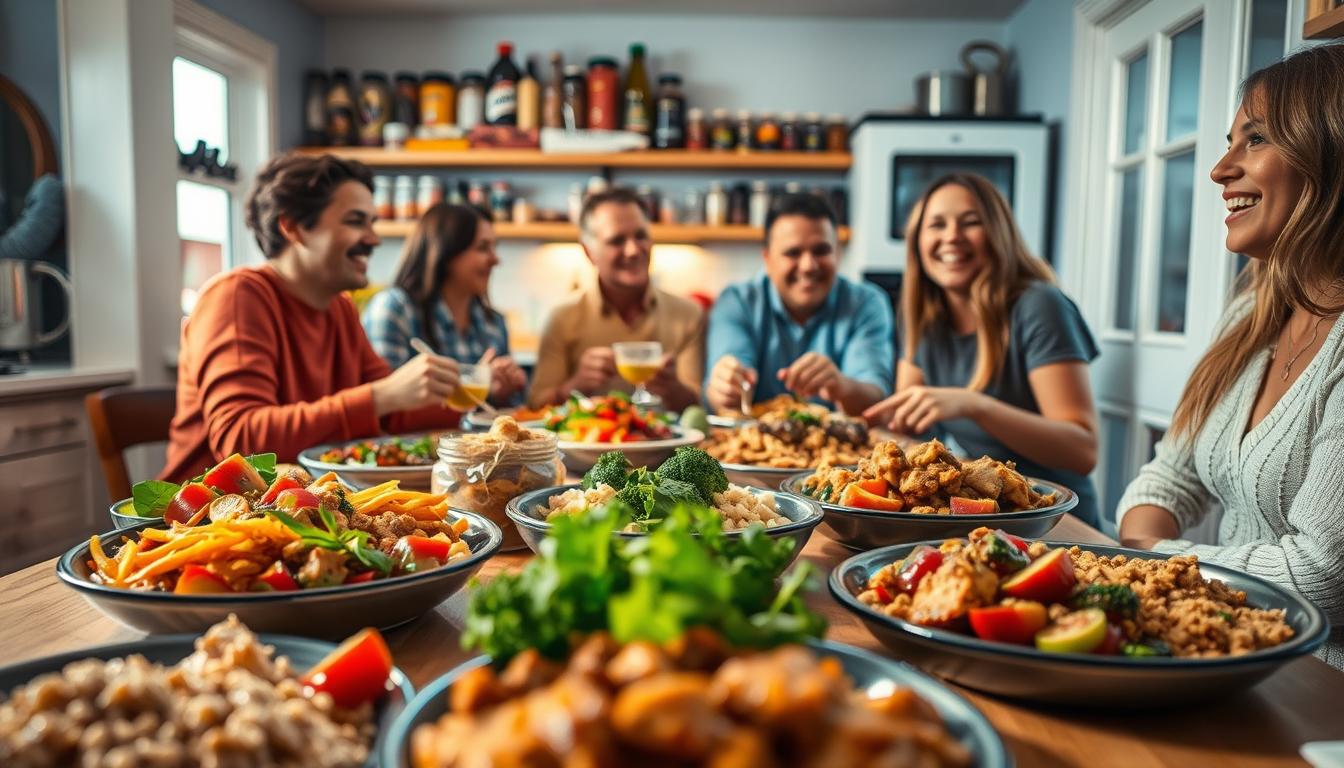 A cozy kitchen scene with a group of friends gathered around a table, enjoying a satisfying meal. In the foreground, a variety of colorful, vibrant dishes are placed, including hearty portions of protein, vegetables, and whole grains. The lighting is warm and inviting, casting a soft glow over the scene. In the middle ground, the friends are engaged in lively conversation, their faces expressing satisfaction and contentment. The background features a well-stocked pantry, with shelves of colorful spices and condiments, hinting at the flavorful preparation of the meal. The overall atmosphere conveys a sense of community, healthy eating, and the lasting fullness and satisfaction that comes from mindful meal timing.