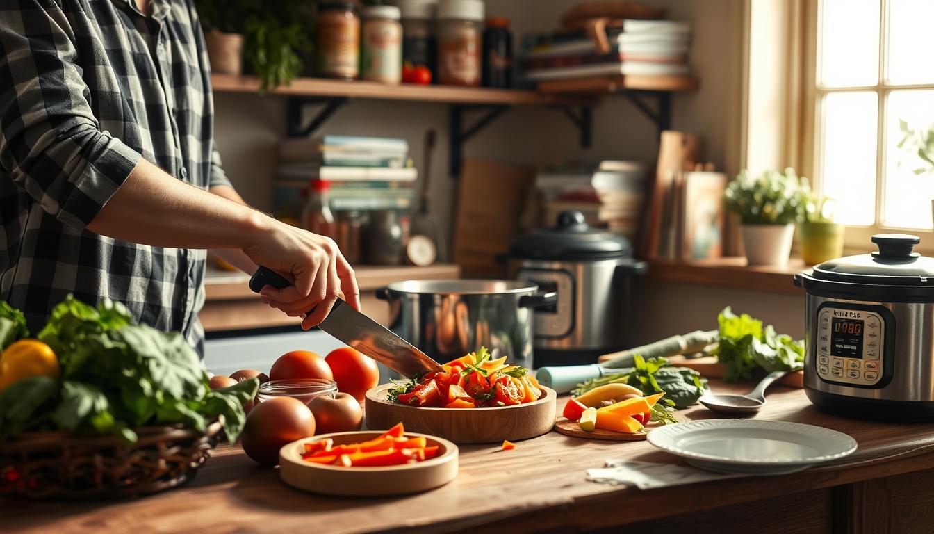 A cozy kitchen setting with a rustic wooden table, fresh produce, and simple cooking utensils. In the foreground, a skilled home cook skillfully prepares a vibrant, budget-friendly meal, their hands expertly chopping vegetables and stirring a simmering pot. The middle ground features jars of spices, a stack of cookbooks, and a budget-friendly appliance like a slow cooker or Instant Pot. The background showcases a sunlit window, casting a warm glow over the scene, conveying a sense of homely comfort and culinary accomplishment. The overall mood is one of approachable, cost-effective meal preparation skills. A cozy kitchen setting with a rustic wooden table, fresh produce, and simple cooking utensils. In the foreground, a skilled home cook skillfully prepares a vibrant, budget-friendly meal, their hands expertly chopping vegetables and stirring a simmering pot. The middle ground features jars of spices, a stack of cookbooks, and a budget-friendly appliance like a slow cooker or Instant Pot. The background showcases a sunlit window, casting a warm glow over the scene, conveying a sense of homely comfort and culinary accomplishment. The overall mood is one of approachable, cost-effective meal preparation skills.