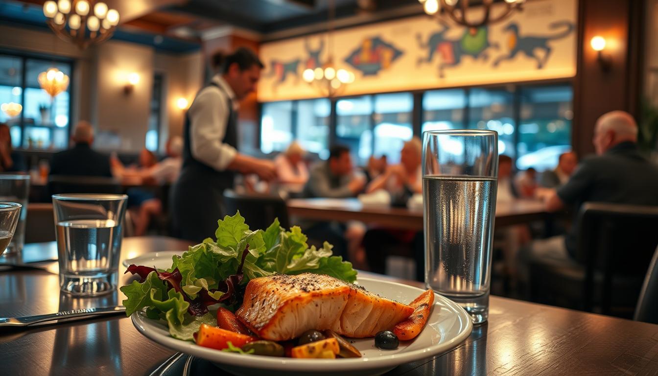 A cozy restaurant interior, bathed in warm, inviting lighting. In the foreground, a table set with a balanced, visually appealing meal - a crisp salad, grilled salmon, roasted vegetables, and a glass of water. The middle ground showcases an attentive server, ready to accommodate any special dietary needs. In the background, a vibrant, bustling atmosphere with other diners enjoying their meals, creating a sense of community and culinary exploration. The scene exudes a mood of healthy indulgence and mindful dining.