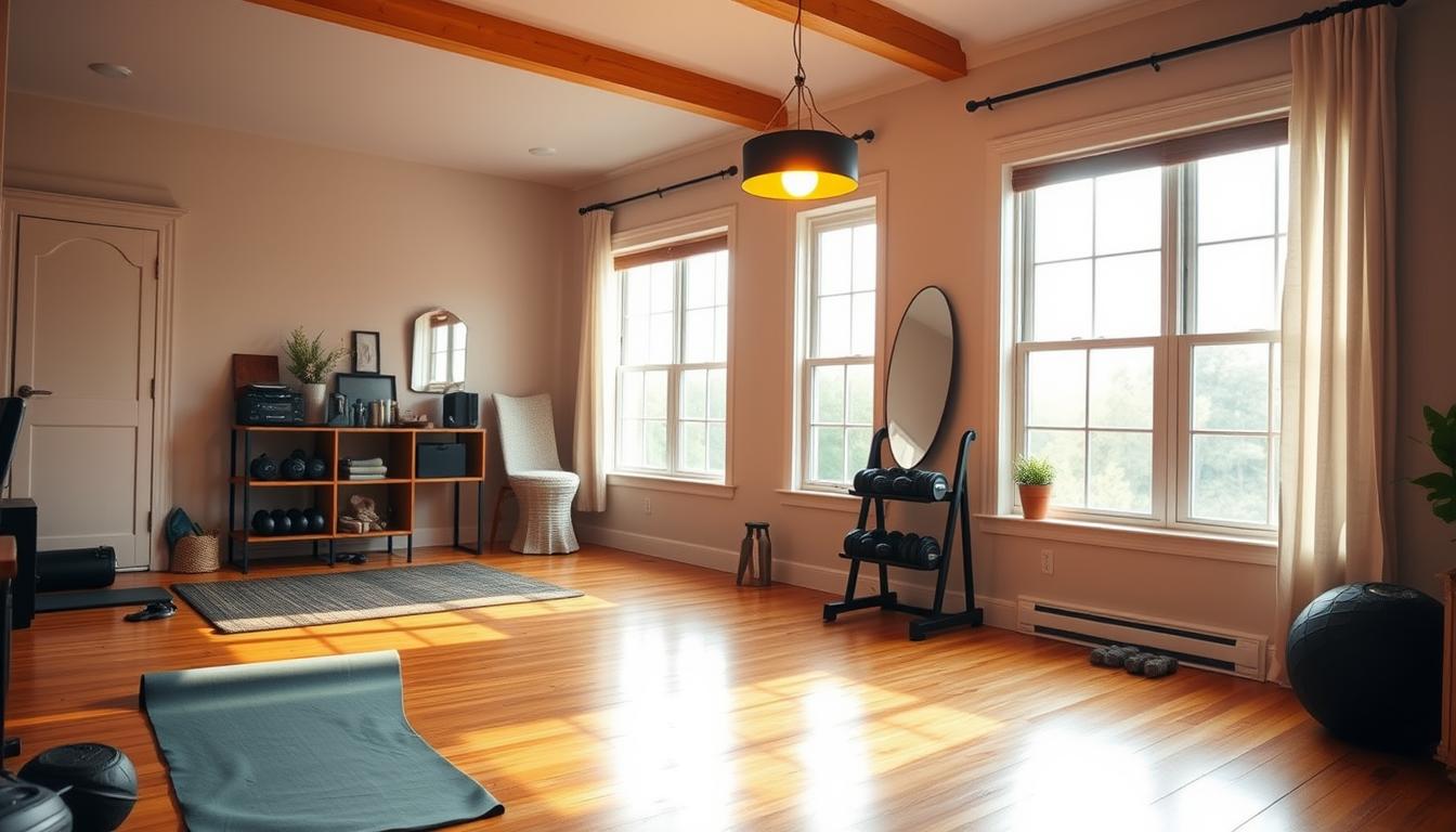 A cozy, well-lit home exercise room with warm, vibrant lighting that sets the perfect atmosphere for a low-cost workout. The space features a simple, affordable setup - a yoga mat on the hardwood floor, a small free weights rack, and a wall-mounted mirror to check form. Soft, diffused lighting from a hanging pendant lamp creates a soothing, motivating ambiance. Large windows allow natural daylight to pour in, complementing the artificial illumination. The overall effect is an inviting, budget-friendly sanctuary for fitness and wellness.