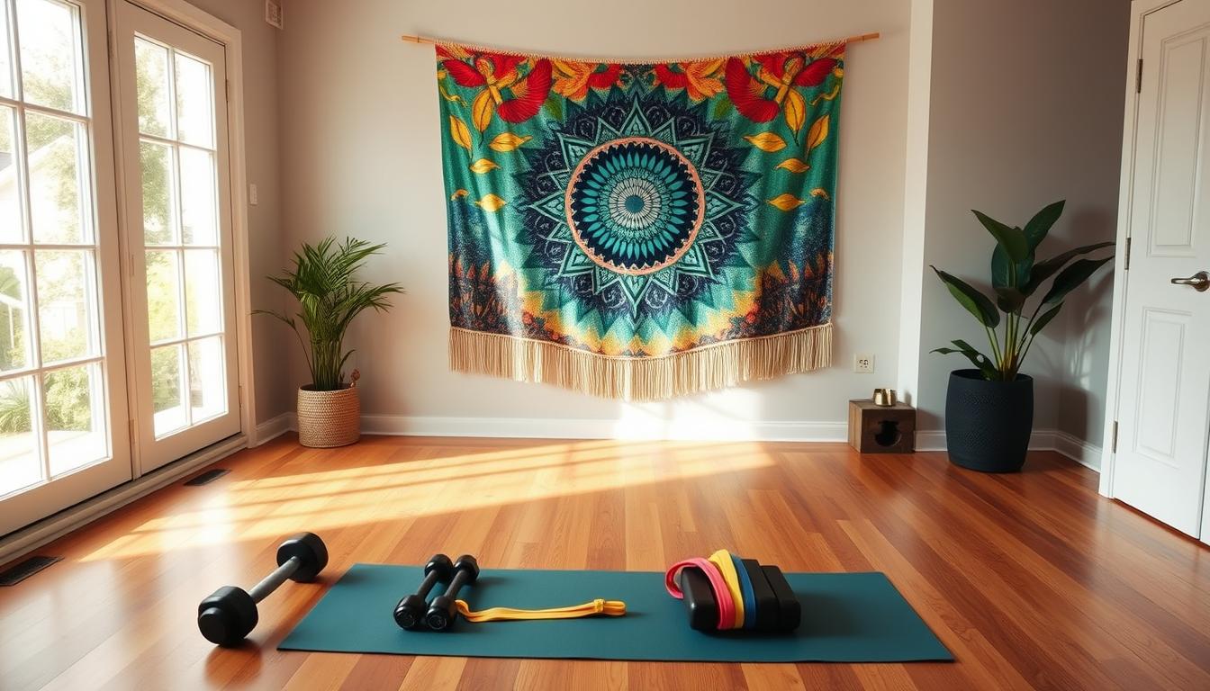 A cozy, well-lit home gym setup with a yoga mat, resistance bands, and a set of dumbbells neatly arranged on a hardwood floor. The space is accented by a vibrant, nature-inspired wall hanging, creating a peaceful, inviting atmosphere. Soft natural lighting filters in through large windows, casting a warm glow over the scene. The layout is practical yet stylish, showcasing an affordable and space-efficient home workout solution.
