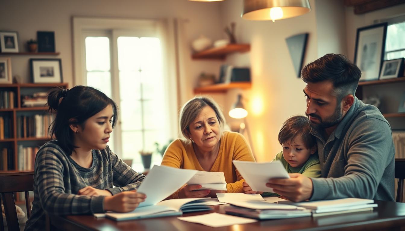 A cozy, well-lit interior of a humble home, the focus on a family gathered around a table, discussing bills and budgets. In the foreground, a mother and father pore over paperwork, worry etched on their faces, while their children sit nearby, their expressions hopeful. Soft, warm lighting filters in through large windows, casting a glow on the scene. In the background, shelves brimming with books and framed family photos suggest a vibrant, lived-in space. The overall mood is one of resilience and determination, as the family navigates the challenges of maintaining a comfortable, energy-efficient home on a limited budget.