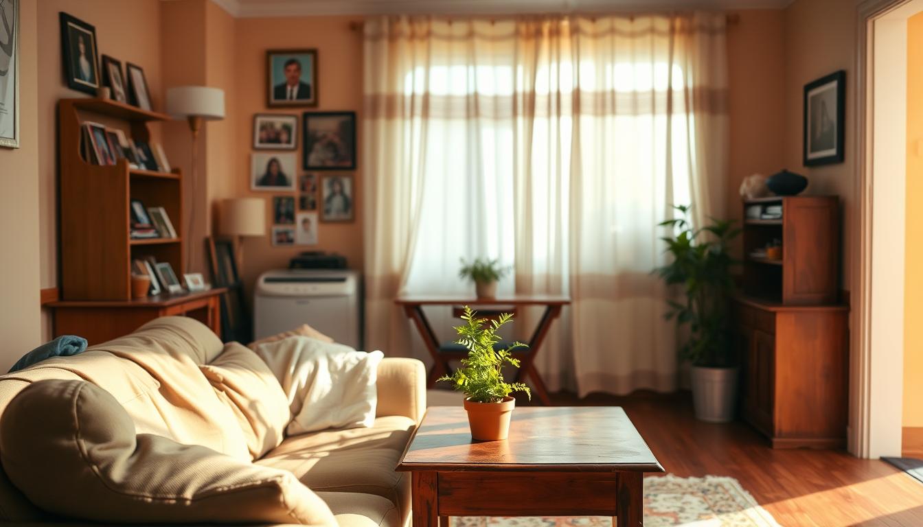A cozy, well-lit interior of a modest household, showcasing the lived-in charm of a low-income family's living space. The foreground features a comfortable sofa, a worn but well-loved coffee table, and a small, potted plant adding a touch of greenery. In the middle ground, family photos and framed artwork adorn the walls, reflecting the residents' personal touches. The background gently fades into a warm, vibrant color palette, evoking a sense of contentment and security. Soft, diffused lighting filters through sheer curtains, casting a gentle glow over the entire scene, conveying a vibrant and welcoming atmosphere.