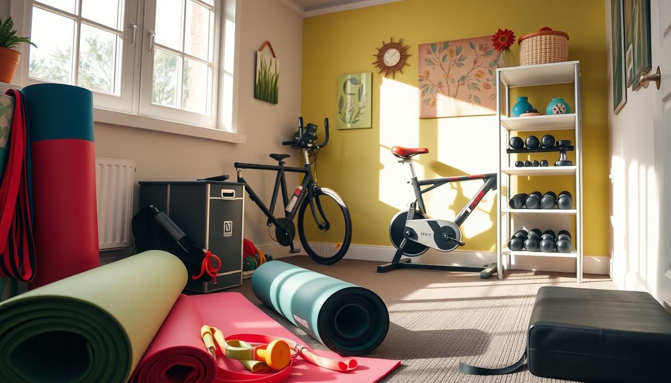 A cozy, well-organized home gym setup with an array of budget-friendly fitness equipment neatly arranged in a small but vibrant space. The foreground features inexpensive yoga mats, resistance bands, and a jump rope, all within easy reach. The middle ground showcases a compact stationary bike and a set of dumbbells on a sturdy, minimalist shelving unit. The background depicts a bright, sunlit room with a cheerful accent wall, tasteful wall decor, and ample natural lighting that creates a warm, inviting atmosphere. The overall composition conveys a sense of efficiency, practicality, and a vibrant, motivating environment for an effective home workout.