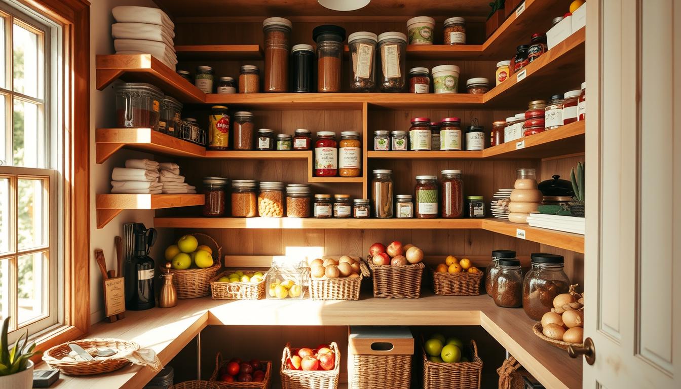 A cozy, well-organized pantry with budget-friendly storage solutions. Wooden shelves line the walls, filled with neatly arranged jars, cans, and containers. Vibrant produce like apples, potatoes, and onions are displayed in woven baskets, adding pops of color. Efficient labels and dividers keep items categorized and easily accessible. Warm, natural lighting streams in through a large window, illuminating the tidy, functional space. A mix of sleek, modern and rustic vintage elements create a harmonious, inviting atmosphere. The pantry embodies a practical yet visually appealing organizational system, perfect for budget-conscious clean eating.