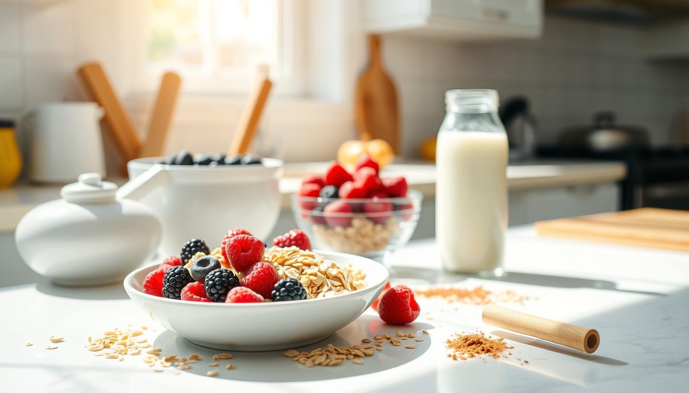 A crisp, sunlit kitchen counter displaying an assortment of budget-friendly breakfast ingredients - a bowl of rolled oats, fresh berries, a drizzle of honey, a sprinkle of cinnamon, and a glass of milk. The scene radiates a vibrant, wholesome atmosphere, inviting the viewer to explore nourishing, cost-effective oatmeal combinations for a satisfying morning meal.