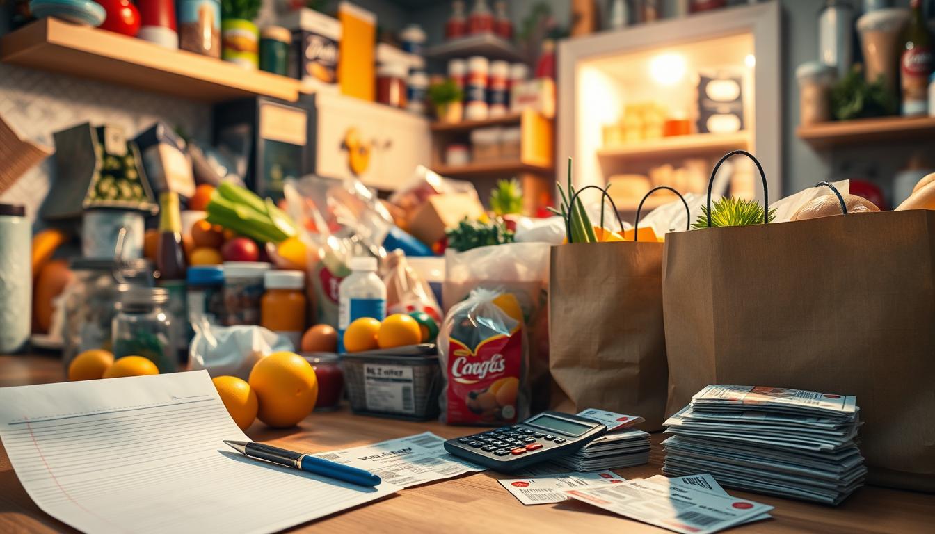 A crowded kitchen counter overflowing with various grocery items, including fresh produce, canned goods, and household essentials. The scene is bathed in warm, vibrant lighting, casting a cozy and inviting atmosphere. In the foreground, a hand-written shopping list and a calculator sit next to a stack of coupons, hinting at the careful planning and budgeting needed to save money on groceries. The middle ground features neatly organized grocery bags, suggesting the result of a successful shopping trip. The background showcases a well-stocked pantry, reflecting the careful management of household resources.