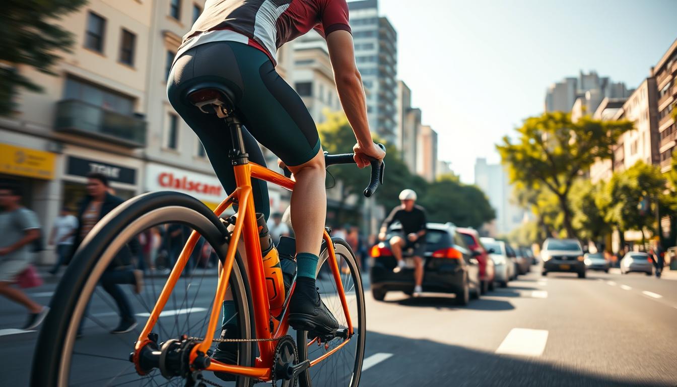 A cyclist rides through a vibrant urban landscape, weaving past pedestrians and cars. The foreground features the rider's brightly colored bicycle and athletic gear, with attention to details like the spinning wheels and the rider's focused expression. The middle ground showcases a bustling city street, with buildings, trees, and other commuters visible. The background blurs into a hazy, sunlit atmosphere, creating a sense of movement and energy. Crisp, high-contrast lighting accentuates the scene, with dynamic shadows and highlights. The overall mood is one of healthy, active transportation, capturing the essence of cycling commuting as a free and accessible form of outdoor exercise.
