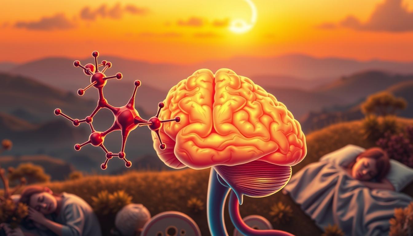 A detailed, anatomical illustration of the appetite regulation mechanism. The foreground depicts the interplay between the hormones cholecystokinin (CCK) and ghrelin, represented by intricate molecular structures. In the middle ground, a stylized brain showcases the neural pathways that integrate these hormonal signals, governing hunger and satiety. The background features a serene, dreamlike landscape with sleeping figures, visually connecting the sleep-appetite connection. Warm, vibrant colors and a soft, diffused lighting create a captivating, scientific yet aesthetically pleasing composition.