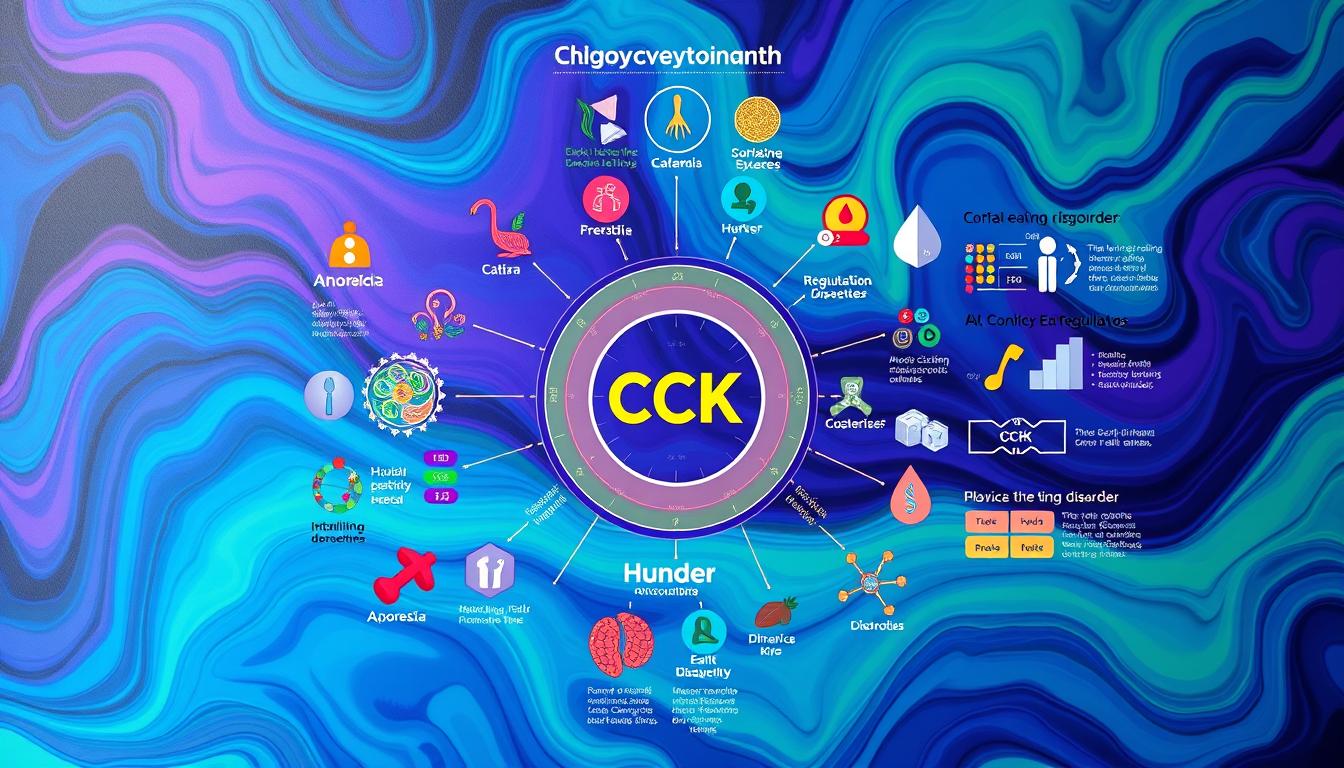 A detailed and colorful diagnostic chart depicting the CCK (cholecystokinin) hormone and its relationship with eating disorders. The chart is displayed against a vibrant, abstract background with flowing shapes and patterns in shades of blue, green, and purple. In the foreground, a central circular diagram showcases the key role of CCK in regulating hunger, satiety, and digestive processes. Surrounding this are various icons, graphs, and data visualizations that illustrate the complex interplay between CCK dysregulation and conditions like anorexia, bulimia, and binge eating disorder. The overall composition conveys a sense of scientific rigor and clinical precision, while maintaining a visually striking and engaging aesthetic.
