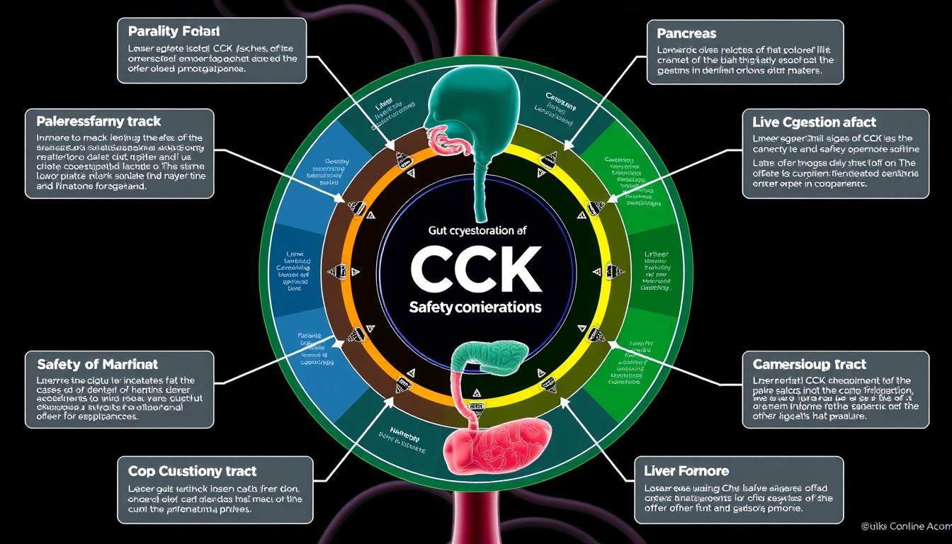 A detailed and vibrant gut hormone diagram showcasing the safety considerations of CCK (Cholecystokinin). The illustration features a central circular display with labeled callouts pointing to different sections, such as the gastrointestinal tract, pancreas, and liver. The color palette is rich and eye-catching, with shades of green, blue, and red used to highlight the various components. The diagram is rendered with a crisp, photorealistic style, allowing for easy interpretation of the complex biological information. The overall composition is balanced and well-organized, guiding the viewer's attention through the key safety factors associated with this important gut hormone. A detailed and vibrant gut hormone diagram showcasing the safety considerations of CCK (Cholecystokinin). The illustration features a central circular display with labeled callouts pointing to different sections, such as the gastrointestinal tract, pancreas, and liver. The color palette is rich and eye-catching, with shades of green, blue, and red used to highlight the various components. The diagram is rendered with a crisp, photorealistic style, allowing for easy interpretation of the complex biological information. The overall composition is balanced and well-organized, guiding the viewer's attention through the key safety factors associated with this important gut hormone.