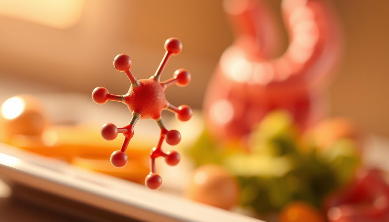 A detailed, close-up illustration of the CCK (cholecystokinin) hormone molecule, rendered in a vibrant, colorful style. The molecule is prominently featured in the foreground, with a soft, out-of-focus background that suggests a connection to eating habits and the digestive system. The lighting is warm and natural, casting subtle shadows that accentuate the three-dimensional structure of the molecule. The composition is balanced and visually engaging, drawing the viewer's attention to the intricate details of the CCK hormone and its role in regulating appetite and eating behaviors.