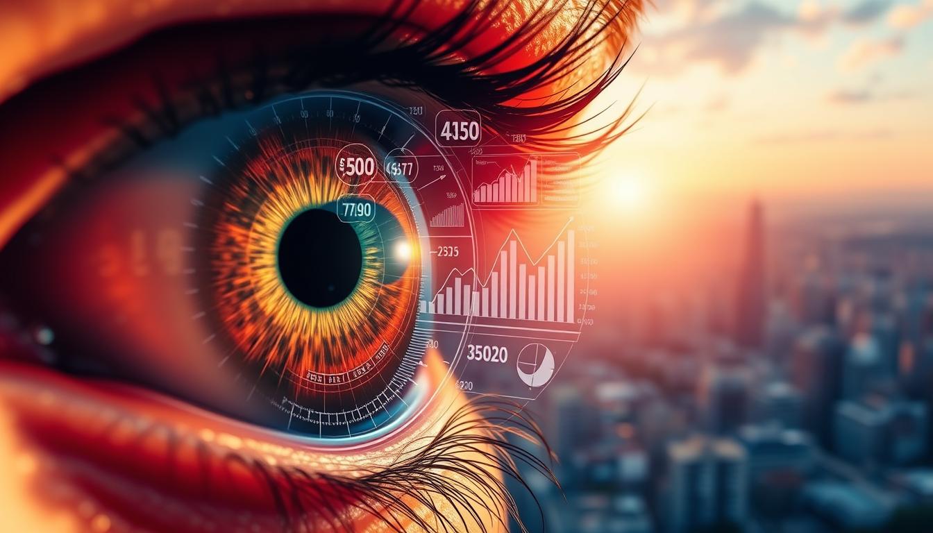 A detailed cost analysis vision eye, rendered with vibrant photorealistic clarity. In the foreground, a human eye in close-up, its iris and pupil capturing numerical data, financial figures, and cost breakdowns. The middle ground showcases an x-ray view of the eye's internal structure, overlaid with overlapping graphs, charts, and cost-benefit analyses. The background features a panoramic cityscape, underscoring the broader context of healthcare and insurance coverage. Warm, directional lighting casts shadows that emphasize the depth and complexity of the visuals. Crisp, high-resolution detail throughout, conveying the importance of thorough cost assessment for vision care.