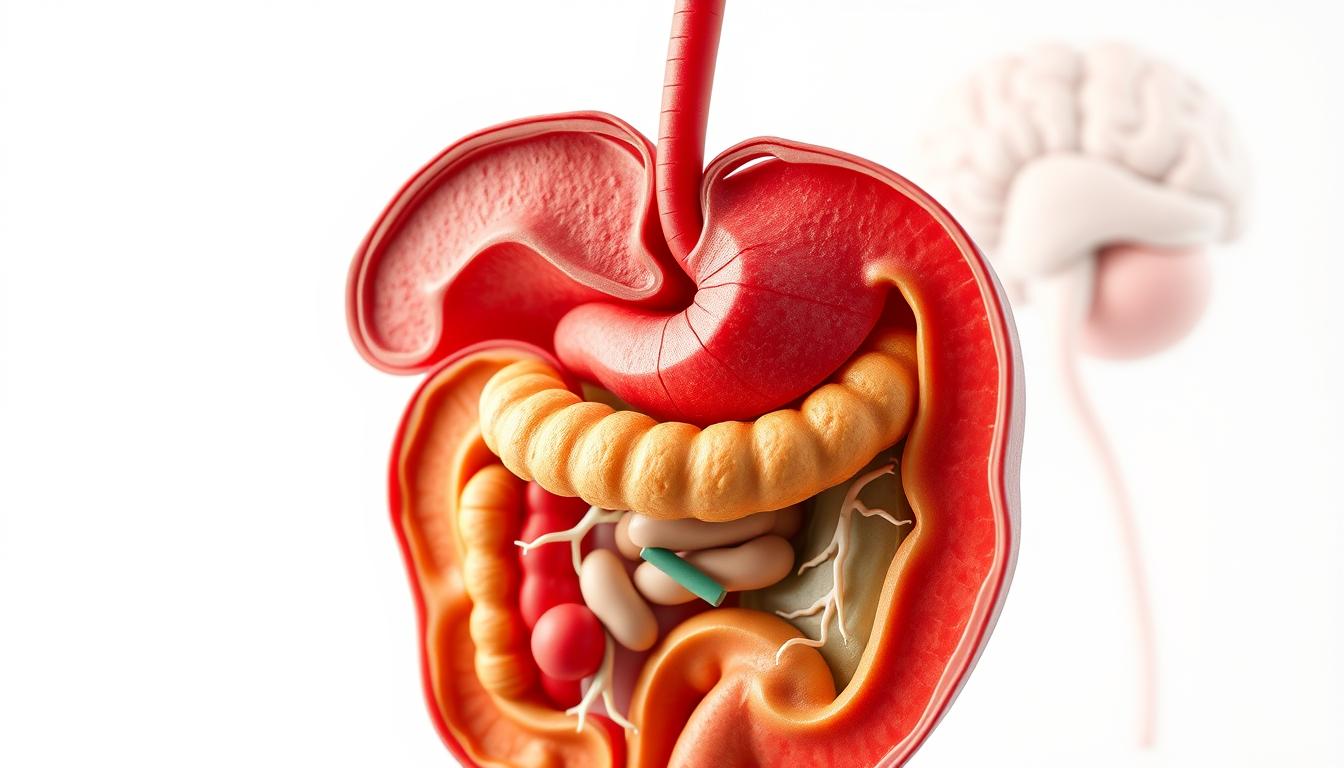 A detailed cross-section illustration of the biological communication between the gastrointestinal tract and the brain, depicting the release of the appetite-regulating hormone cholecystokinin (CCK). The scene shows a vibrant, colorful depiction of the gut-brain axis, with the digestive system in the foreground, the vagus nerve as a prominent connection, and the brain in the background. The composition uses a clean, technical aesthetic with a focus on accurately representing the anatomical structures and physiological processes involved in CCK signaling. Rendered in a realistic, high-detail style using natural lighting and a medium depth of field.