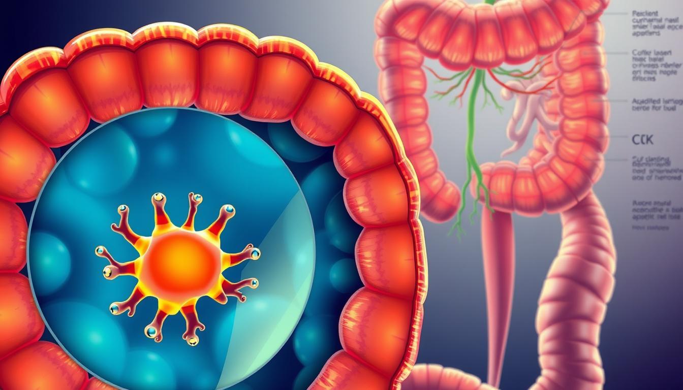A detailed cross-section illustration of the gut, highlighting the cholecystokinin (CCK) hormone and its role in appetite control. The foreground shows a magnified view of the intestinal wall, with CCK-producing cells prominently featured. The middle ground depicts the intricate network of nerves and pathways that transmit CCK signals to the brain, regulating hunger and satiety. The background features a subtly hued anatomical diagram of the digestive system, providing context. The overall image has a vibrant, scientific illustration style, with a color palette of rich blues, greens, and oranges to convey the dynamism of the CCK-based appetite control mechanism. A detailed cross-section illustration of the gut, highlighting the cholecystokinin (CCK) hormone and its role in appetite control. The foreground shows a magnified view of the intestinal wall, with CCK-producing cells prominently featured. The middle ground depicts the intricate network of nerves and pathways that transmit CCK signals to the brain, regulating hunger and satiety. The background features a subtly hued anatomical diagram of the digestive system, providing context. The overall image has a vibrant, scientific illustration style, with a color palette of rich blues, greens, and oranges to convey the dynamism of the CCK-based appetite control mechanism.