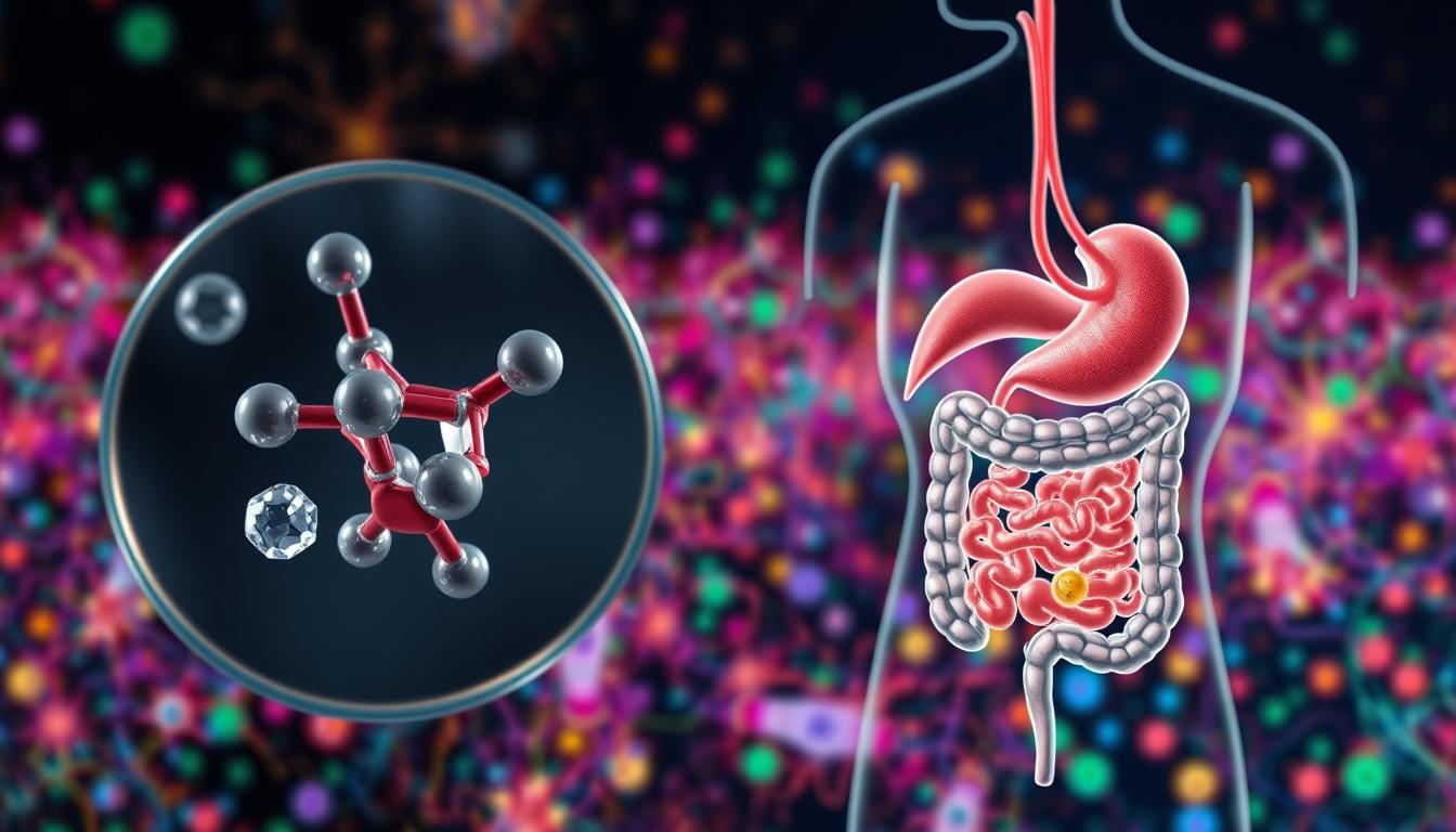 A detailed, cross-sectional illustration depicting the mechanisms of a hunger hormone medication. In the foreground, a magnified view showcases the molecular structure and interactions of the medication with the hunger hormone receptors. The middle ground features a cutaway diagram of the digestive system, highlighting the key areas where the medication exerts its effects on appetite regulation. In the background, a vibrant, colorful landscape of cells, neurons, and hormonal pathways creates a visually striking and informative representation of the complex physiological processes involved. The lighting is crisp and evenly distributed, creating depth and emphasizing the technical details. The overall composition conveys a sense of scientific precision and visual clarity to effectively communicate the subject matter.