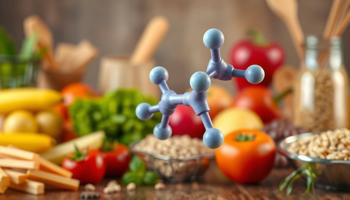 A detailed, high-quality 3D rendering of the CCK (cholecystokinin) hormone molecule, depicted in a bright and vibrant color palette. The molecule is prominently featured in the foreground, with a soft, blurred background showcasing a variety of healthy food options, such as fresh fruits, vegetables, and whole grains. The lighting is warm and natural, creating a sense of balance and harmony. The scene conveys the idea of the CCK hormone's role in regulating appetite and eating habits, with the diverse food options suggesting the potential for a balanced and fulfilling relationship with food.
