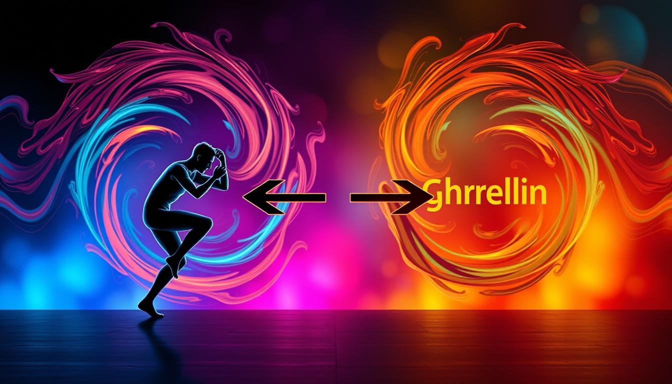 A detailed illustration depicting the opposing effects of exercise on the appetite-regulating hormones CCK and Ghrelin. In the foreground, a stylized human figure performing a dynamic exercise, surrounded by vibrant swirls of color representing the hormonal responses. In the middle ground, two opposing arrows symbolize the contrasting influences of CCK (which suppresses appetite) and Ghrelin (which stimulates appetite), battling for dominance. The background features a vivid, colorful gradient, conveying the complex interplay of these physiological processes. The scene is captured with a cinematic, high-contrast lighting setup, creating a sense of drama and tension.