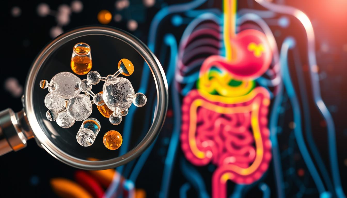 A detailed illustration of hidden sugars and their impact on appetite regulation. In the foreground, a magnifying glass reveals the molecular structure of various sweeteners, both natural and artificial. In the middle ground, a vibrant and colorful human digestive system, with the vagus nerve and the enteroendocrine cells highlighted, showcasing the crucial role of cholecystokinin (CCK) in appetite signaling. The background depicts a visually striking, almost abstract representation of the complex interplay between dietary choices, gut-brain communication, and metabolic regulation. Dramatic lighting, sharp angles, and a sense of depth create a visually compelling and informative image.