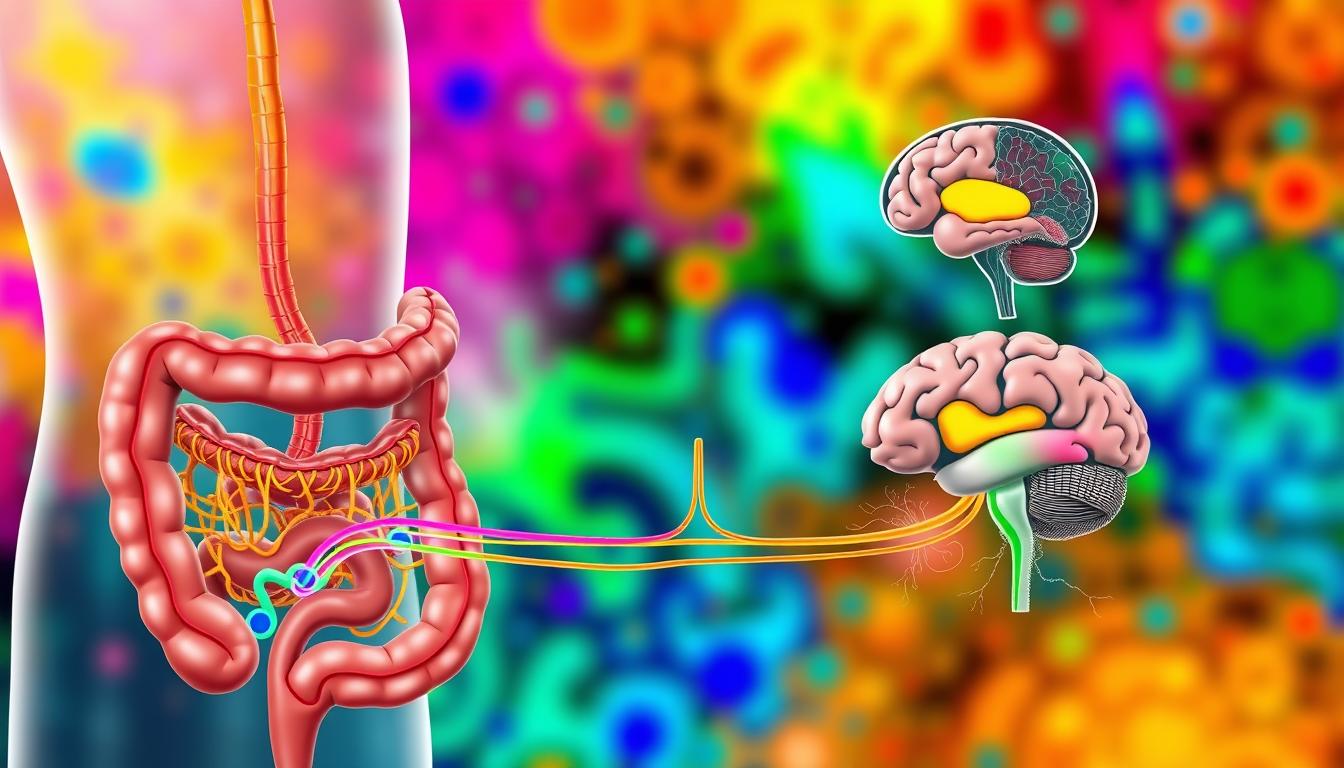 A detailed illustration of the gut-brain connection that regulates satiety cues. In the foreground, a cross-section of the gut reveals the release of cholecystokinin (CCK) from enteroendocrine cells. Vibrant colors depict the signal transmission along the vagus nerve, reaching the hindbrain and activating the satiety centers. In the middle ground, a stylized brain showcases the hypothalamus and limbic system, where CCK's effects on hunger and fullness are integrated. The background features a colorful, abstract representation of the complex interplay between peripheral and central nervous systems that govern the sensation of satiety.