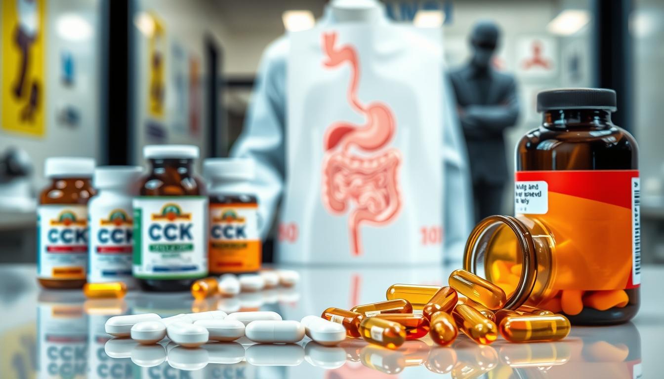 A detailed image of the potential risks associated with CCK hormone supplements. In the foreground, a close-up of various CCK supplement bottles and capsules, displayed on a clean, reflective surface. The middle ground showcases a human digestive system diagram, highlighting the role of CCK in regulating appetite and digestion. In the background, a blurred yet ominous medical laboratory setting, conveying the seriousness of potential side effects. The lighting is crisp and evenly distributed, creating a sense of clinical precision. The overall mood is one of cautious consideration, inviting the viewer to carefully weigh the pros and cons of CCK supplementation.