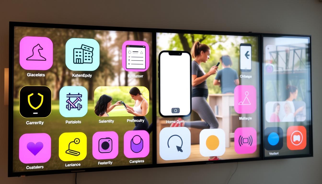A digital display showcasing a variety of budget-friendly fitness apps, each with its own vibrant, minimalistic interface. The foreground features the app icons, meticulously designed with clean lines and bold colors, reflecting the modern and accessible nature of these fitness solutions. The middle ground presents users interacting with the apps on various mobile devices, highlighting the intuitive and user-friendly experiences. The background depicts a serene, natural setting, such as a park or a home gym, subtly suggesting the versatility and adaptability of these low-cost fitness tools. Soft, diffused lighting casts a warm, inviting glow, emphasizing the inclusive and empowering atmosphere of these budget-friendly fitness apps.