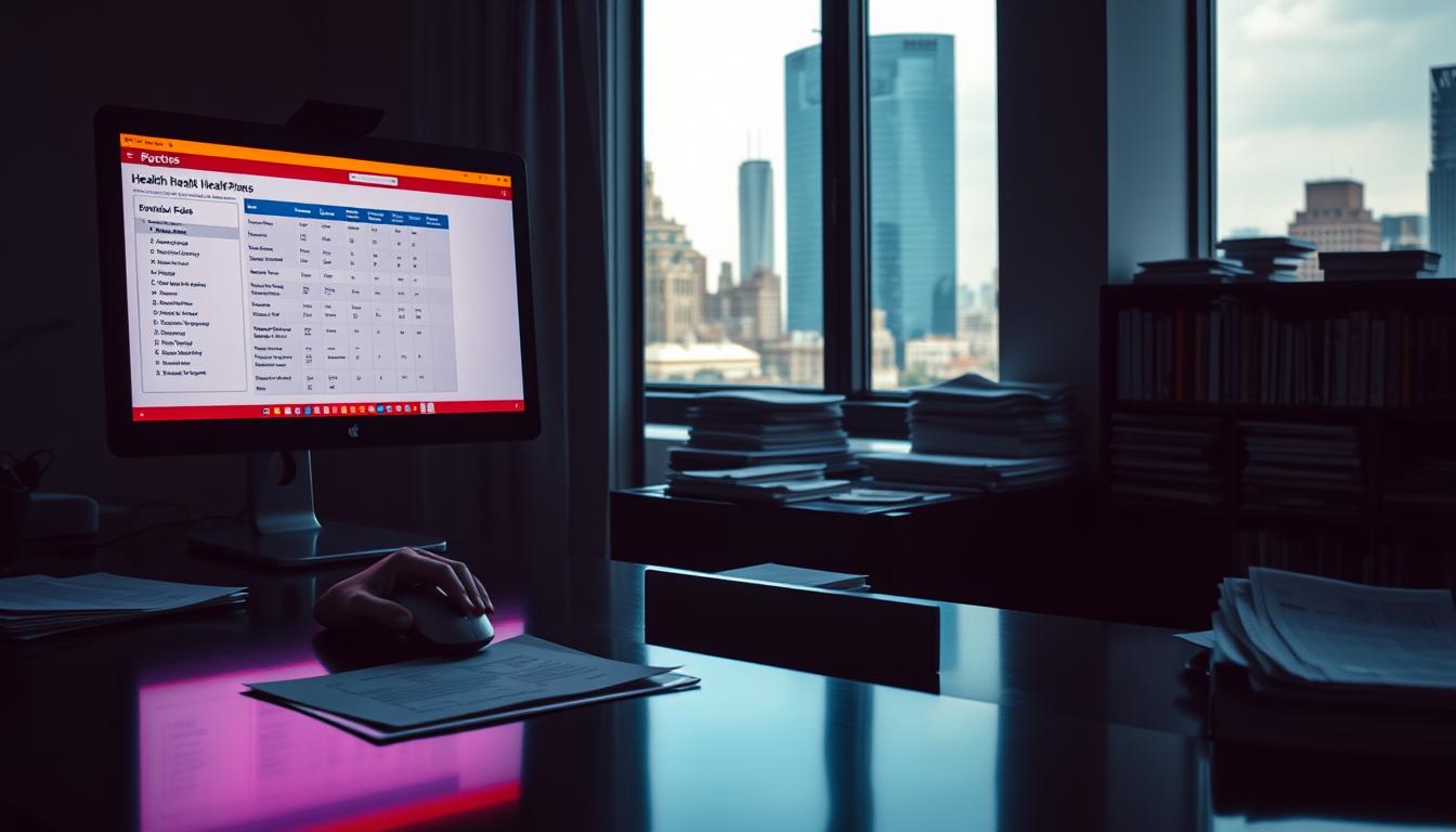 A dimly lit office interior, with a large window overlooking a bustling cityscape. In the foreground, a desk with a computer monitor displaying various healthcare plan options, the screen's vibrant colors reflecting off the polished surface. A hand hovers over the mouse, contemplating the next steps. The middle ground features a filing cabinet, its drawers open, revealing stacks of paperwork - policies, enrollment forms, and correspondence. In the background, a bookshelf filled with reference materials casts subtle shadows, creating a sense of depth and complexity. The overall atmosphere is one of careful consideration, as the subject navigates the intricacies of their healthcare coverage options.