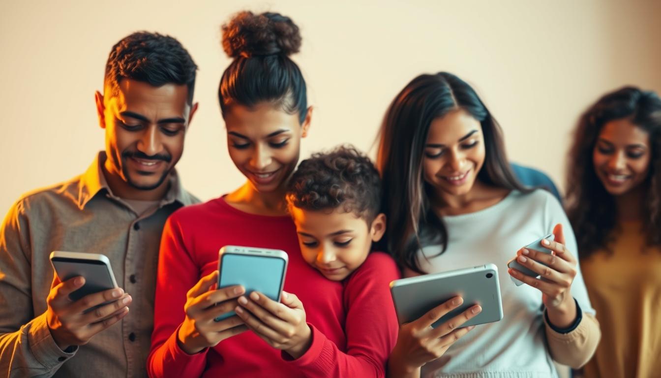 A diverse family standing together, their mobile devices in hand, each using a different health insurance app. The warm, vibrant lighting highlights their faces, creating a sense of unity and purpose. In the foreground, a parent and child intently studying their screens, while in the middle ground, another adult compares options on their tablet. The background blurs softly, emphasizing the family's focus on finding the right coverage for their needs. The scene exudes a sense of confidence and determination, reflecting the importance of making informed decisions about health insurance.