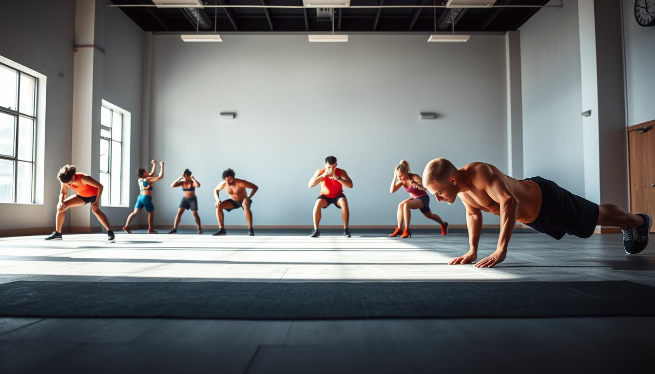 A dynamic and vibrant scene showcasing a personalized bodyweight workout routine. In the foreground, a fit individual performs a series of push-ups, their muscles engaged as they move with precision. The middle ground features a range of bodyweight exercises, such as squats, lunges, and core-strengthening exercises, all seamlessly integrated into the composition. The background depicts a minimalist, well-lit gymnasium, with natural lighting flooding the space and lending a sense of energy and motivation. The overall atmosphere is one of focus, determination, and the empowering potential of a customized bodyweight program.