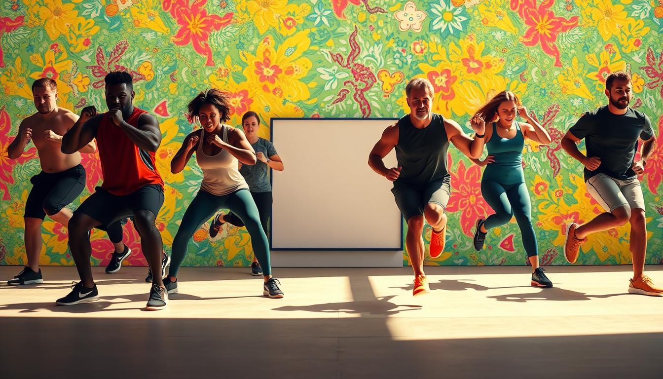 A dynamic bodyweight warm-up routine set against a vibrant, energetic backdrop. In the foreground, a diverse group of individuals performing a sequence of exercises - squats, lunges, jumping jacks, and high knees. Captured in crisp, cinematic detail, the figures move with purpose and control, their muscles engaged. The middle ground features a minimal, clean design aesthetic, with simple geometric shapes and clean lines, creating a sense of focus and intention. The background is filled with a vibrant, abstract pattern, hinting at the transformative power of this routine. Warm, natural lighting bathes the scene, emanating a sense of positivity and vitality. This image encapsulates the essential elements of a dynamic, effective bodyweight warm-up, inspiring viewers to engage in their own fitness journeys.