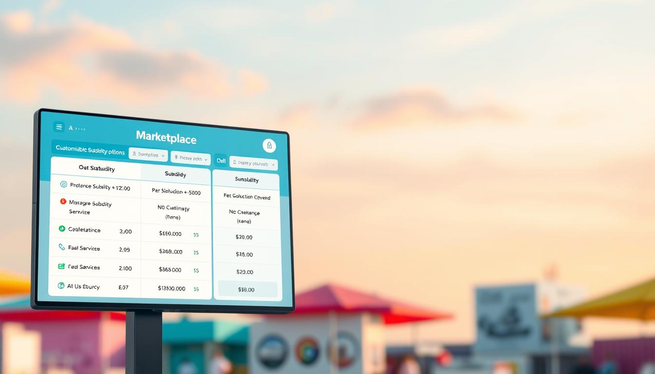 A dynamic, data-driven marketplace displaying a range of subsidies and their estimated costs, set against a vibrant, colorful backdrop. In the foreground, a sleek, interactive interface showcases customizable subsidy options, with detailed visualizations and calculations. In the middle ground, an array of diverse healthcare icons and symbols communicate the breadth of services covered. The background features a soft, gradient-filled sky, suggesting the financial security and peace of mind that subsidies can provide. Crisp, high-resolution photography with a shallow depth of field creates a sense of depth and focus, drawing the viewer's attention to the essential information at hand.