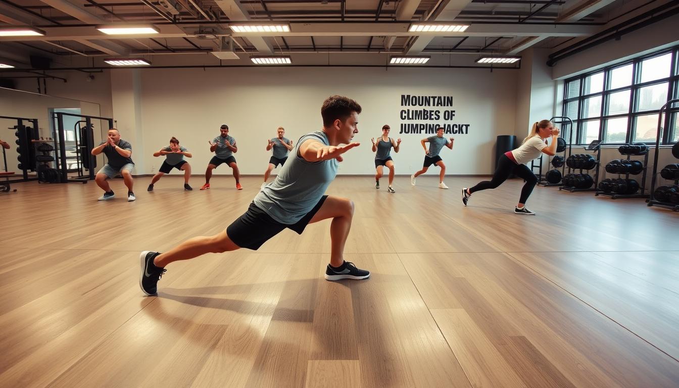 A dynamic, full-body metabolic circuit with a person performing a variety of bodyweight exercises in a well-lit, minimalist gym setting. The foreground features the individual executing a series of intense, compound movements such as squats, pushups, lunges, and burpees. The middle ground showcases additional circuit exercises like mountain climbers, jumping jacks, and leg raises. The background depicts a clean, modern space with sleek equipment and motivational wall graphics, conveying a vibrant, energetic atmosphere for a total-body workout. Captured with a wide-angle lens to emphasize the fluidity and intensity of the circuit.